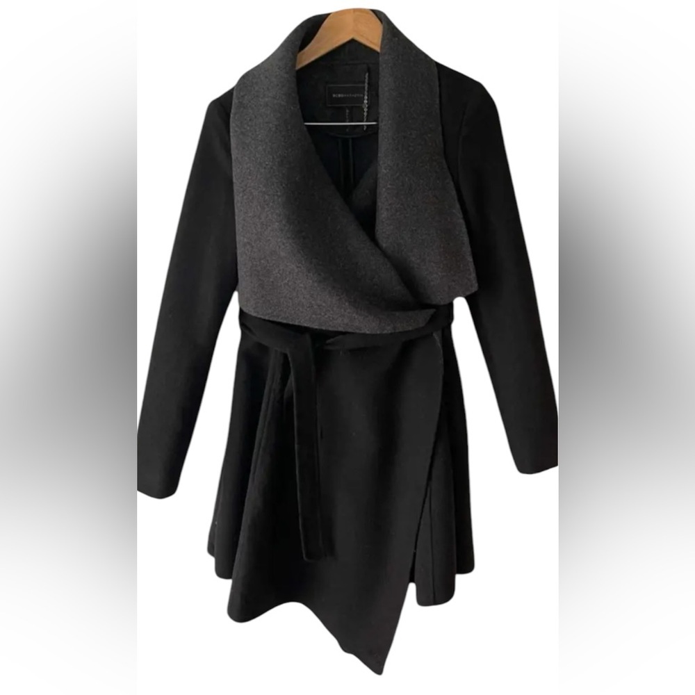 BCBG MAXAZRIA Scarlet Long Wool Wrap Black and Heather Grey Coat Women’s Small - Picture 1 of 4